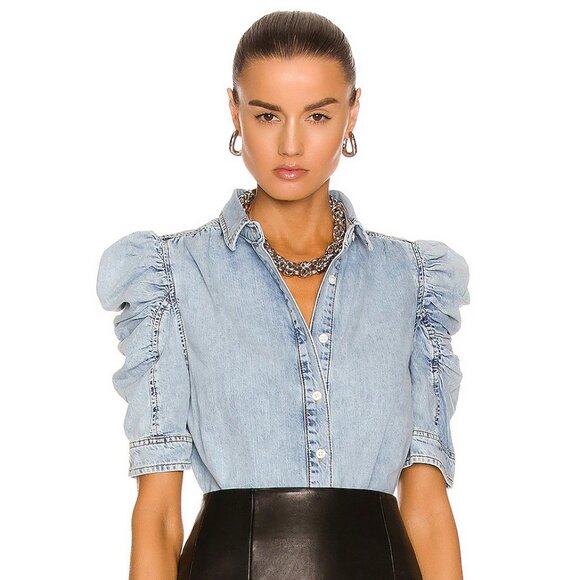 Frame Denim Tops - FRAME Ruched Puff Sleeve Denim Gillian Top Cresthaven Button Up Women's Size L